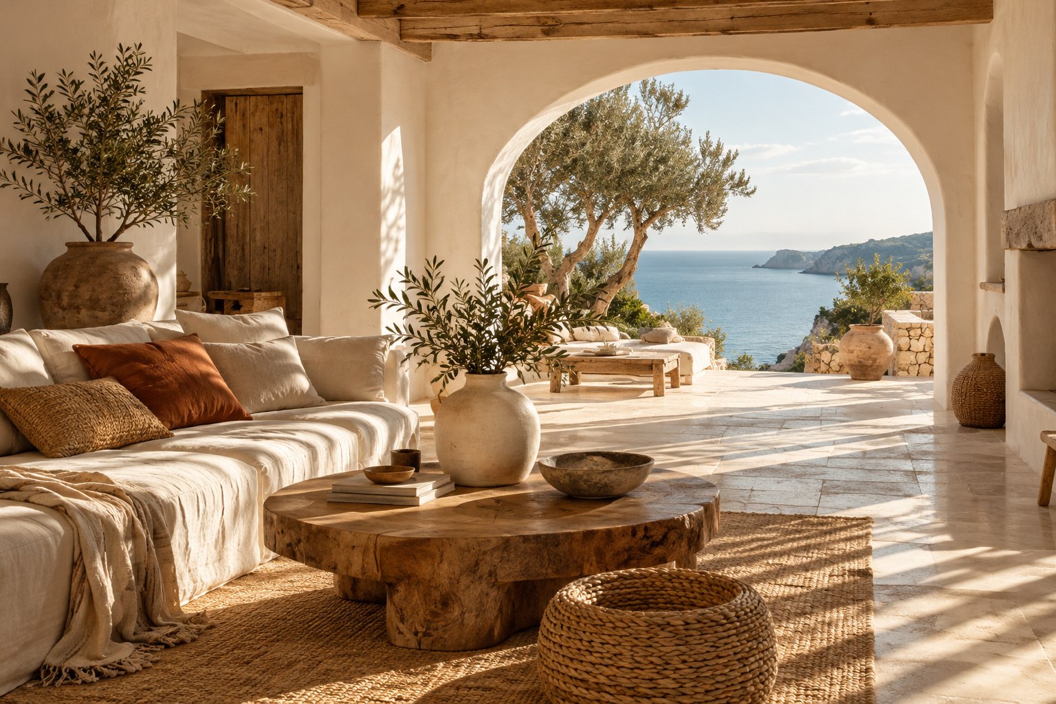 Lifestyle image of a warm Ibiza-inspired interior with natural materials