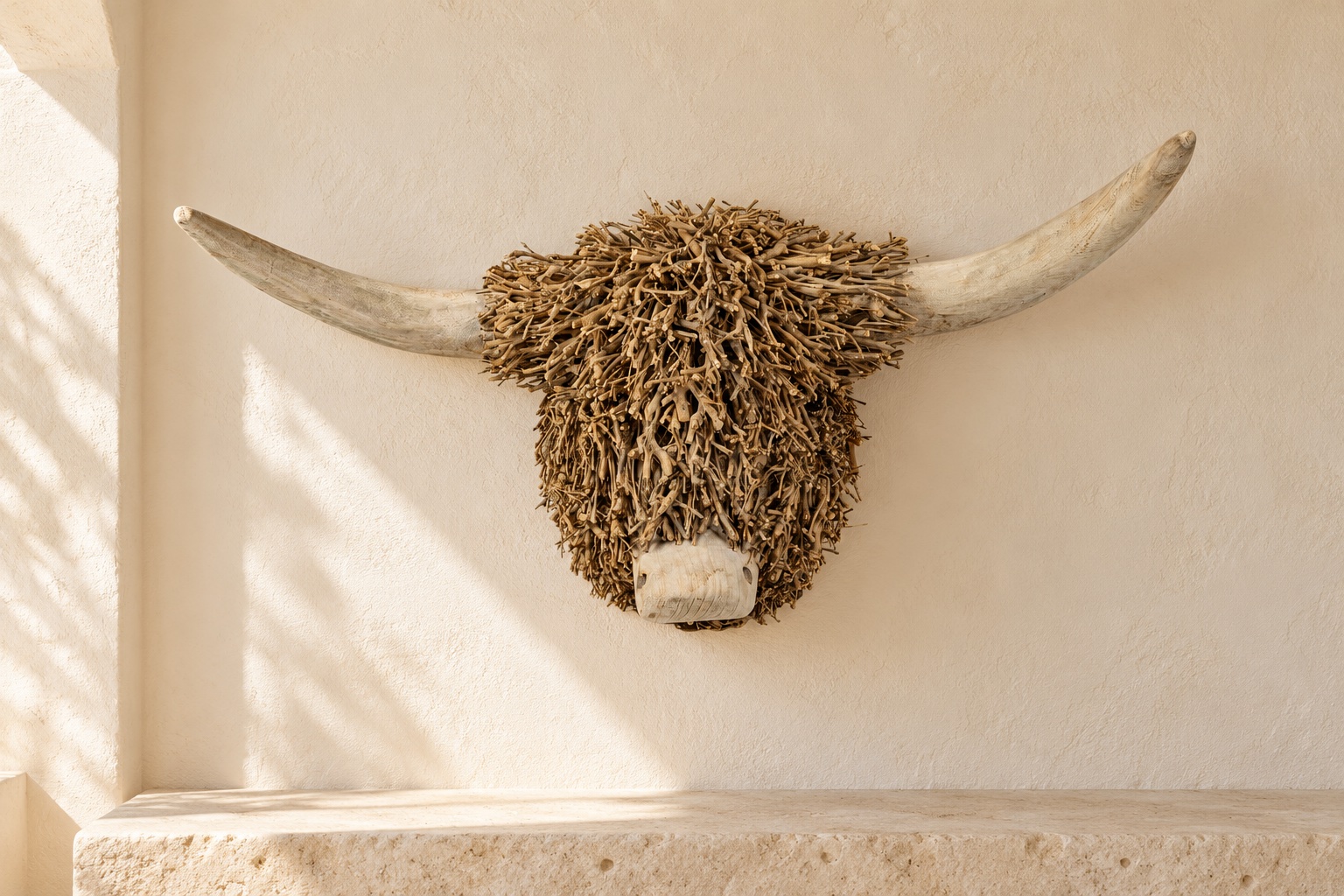 AI-generated lifestyle image · for inspiration; colours, details and proportions may differ. The original product photo is the reference for the product’s appearance. Wooden bull head wall decoration, 60 × 35 × 33 cm, item 39564, in a Mediterranean interior
