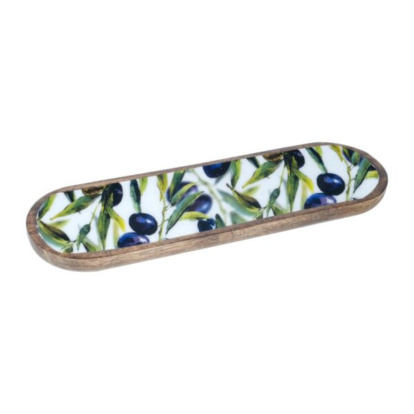 Oval mango wood dish with olive motif, 45 cm