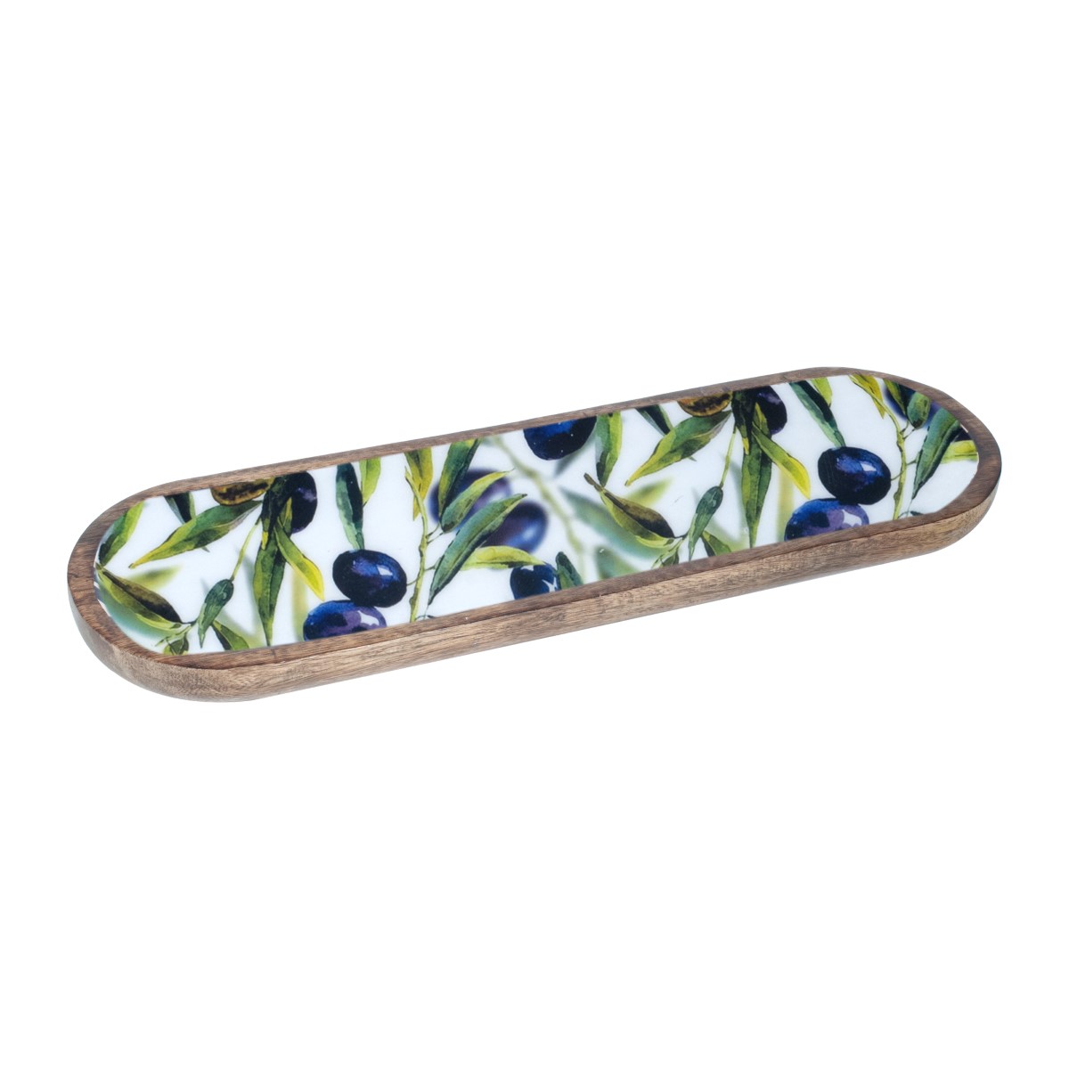 Oval mango wood dish with olive motif, 45 cm