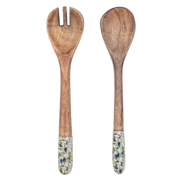 Mango wood spoon and fork set with olive motif
