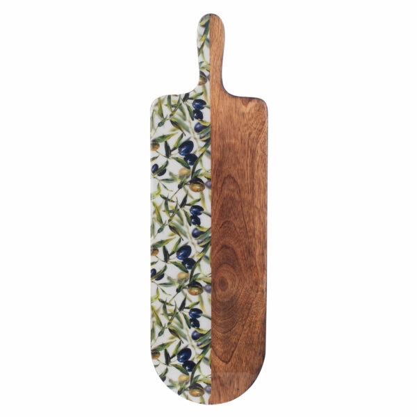 Oval mango wood board with olive motif, 49 cm