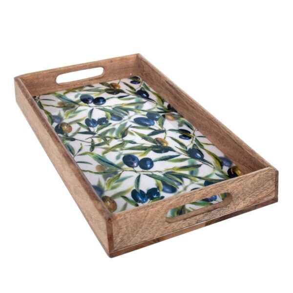 Rectangular mango wood tray with olive motif