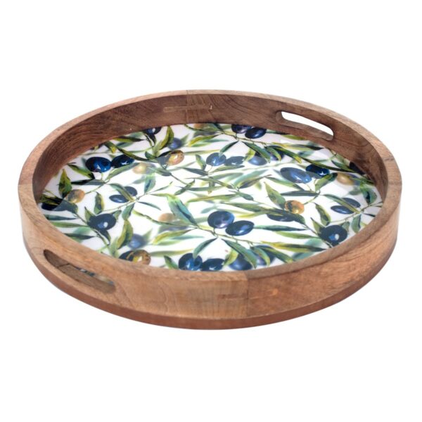 Round mango wood tray with olive motif, 35 cm