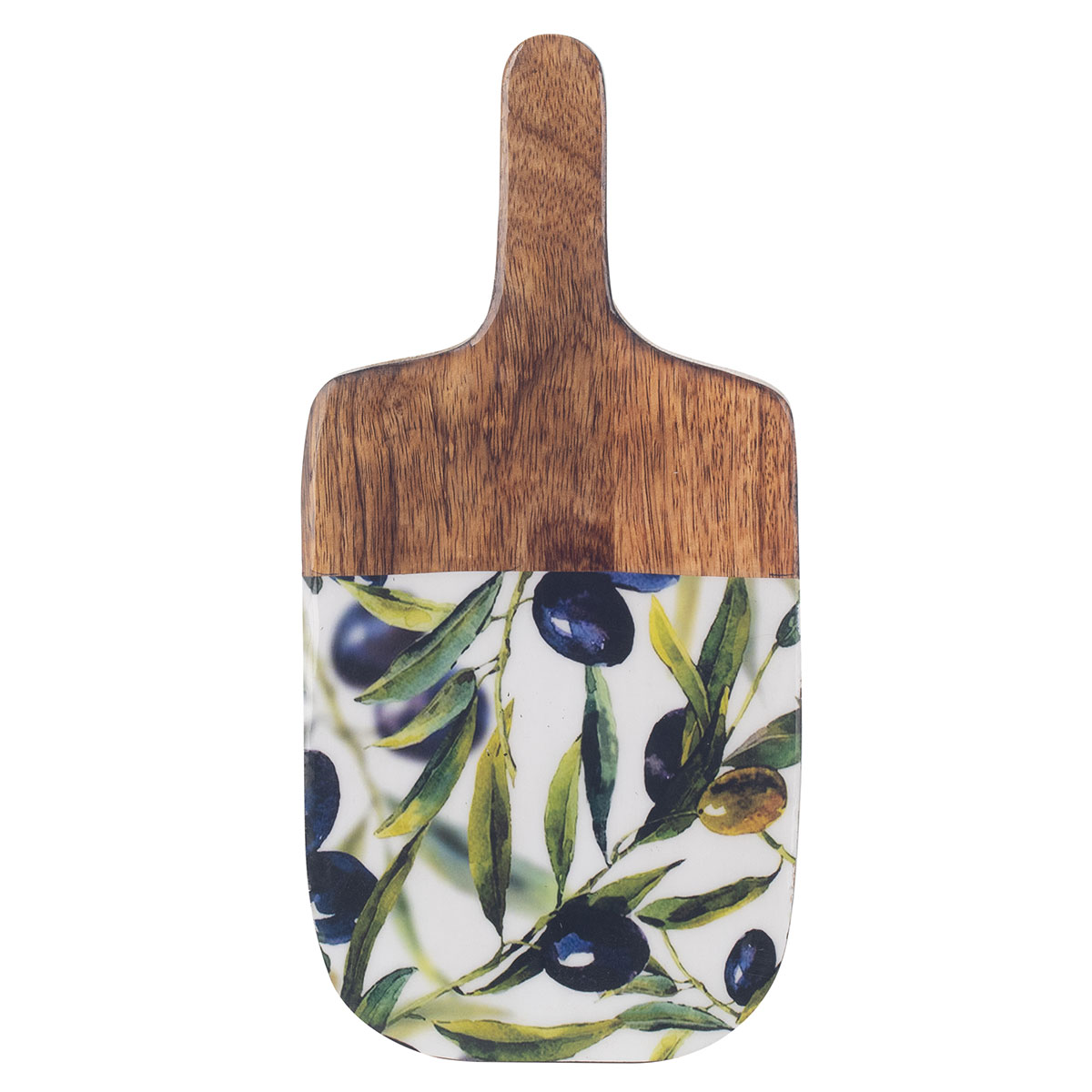 Mango wood chopping board with olive motif, 30 × 15 cm