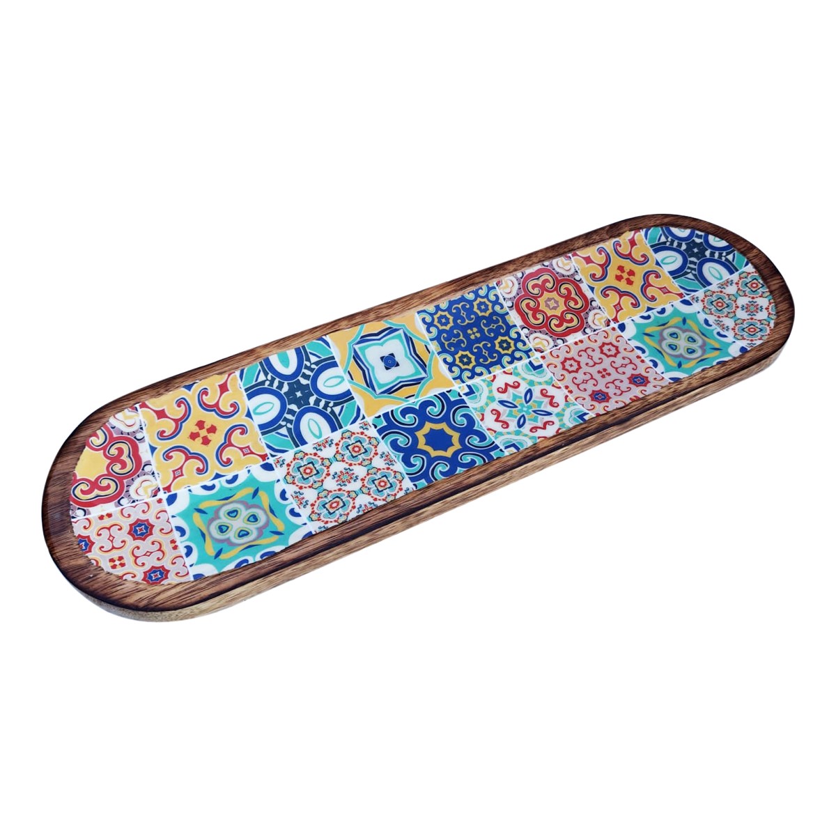 Large mango wood dish with tile pattern, 45 cm