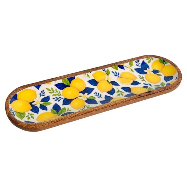 Wood and resin dish with lemon motif, 44 × 14 cm