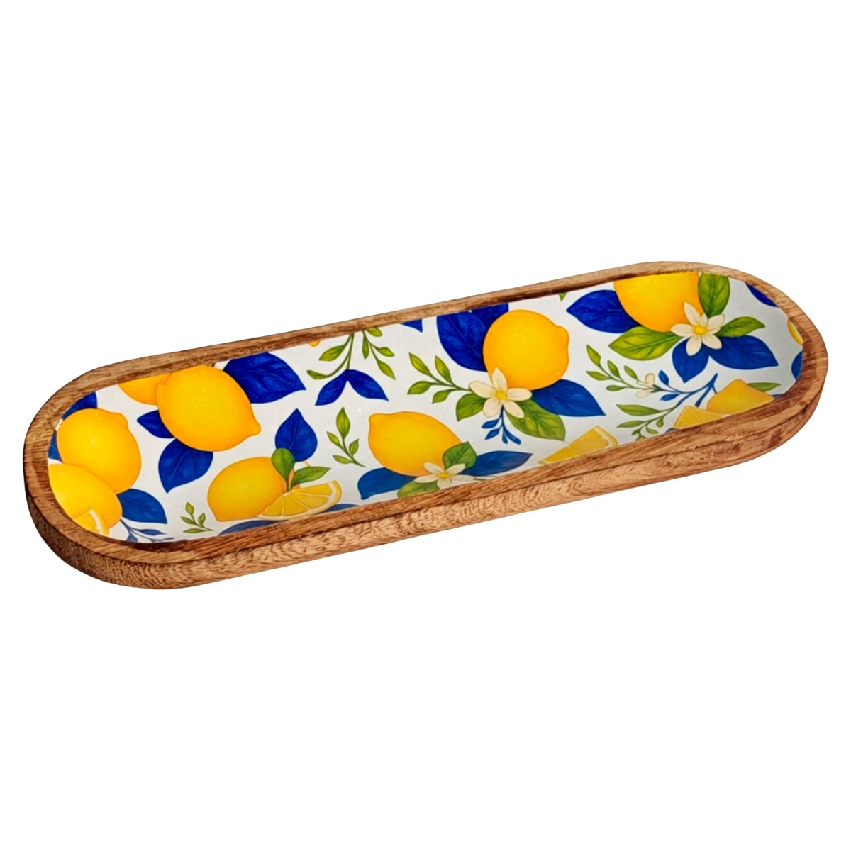 Wood and resin dish with lemon motif, 29.50 × 10 cm