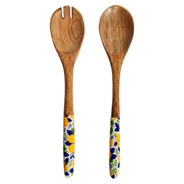 Wood and resin spoon and fork set with lemon motif