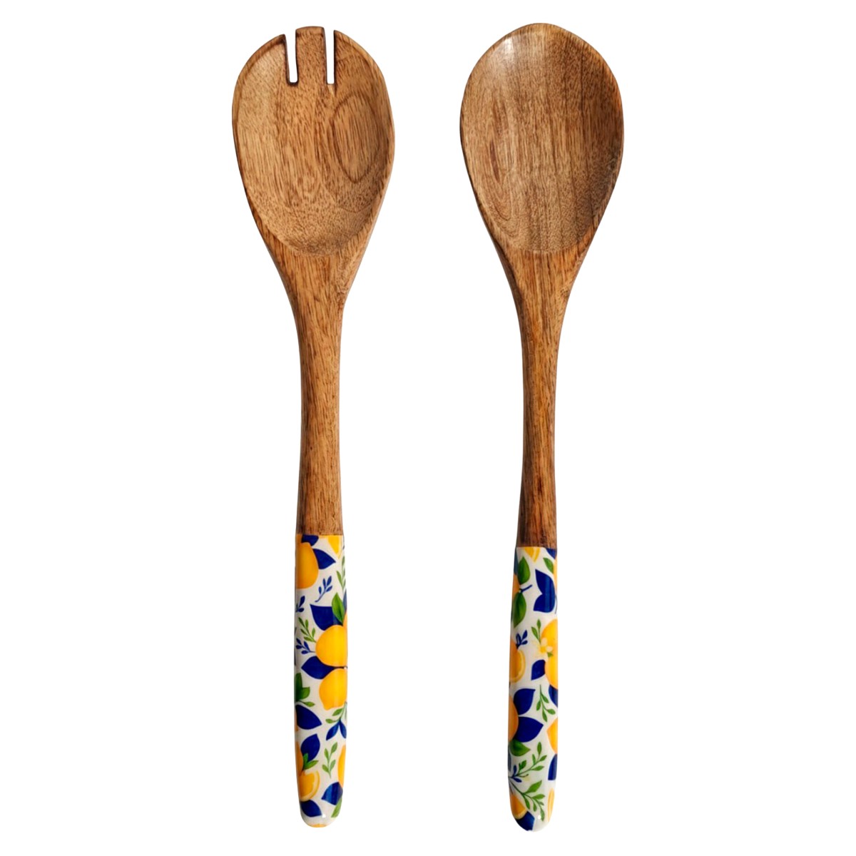 Wood and resin spoon and fork set with lemon motif