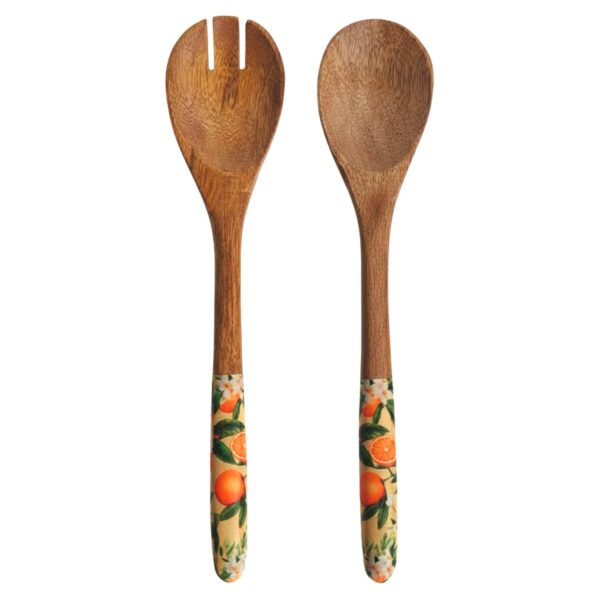 Wood and resin spoon and fork set with orange motif