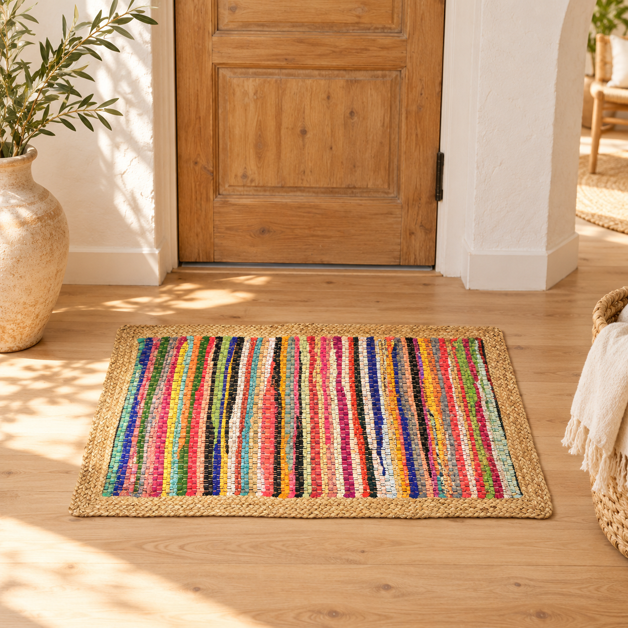 Handmade cotton and jute rug, 80 × 50 cm, item 32953, in a Mediterranean interior