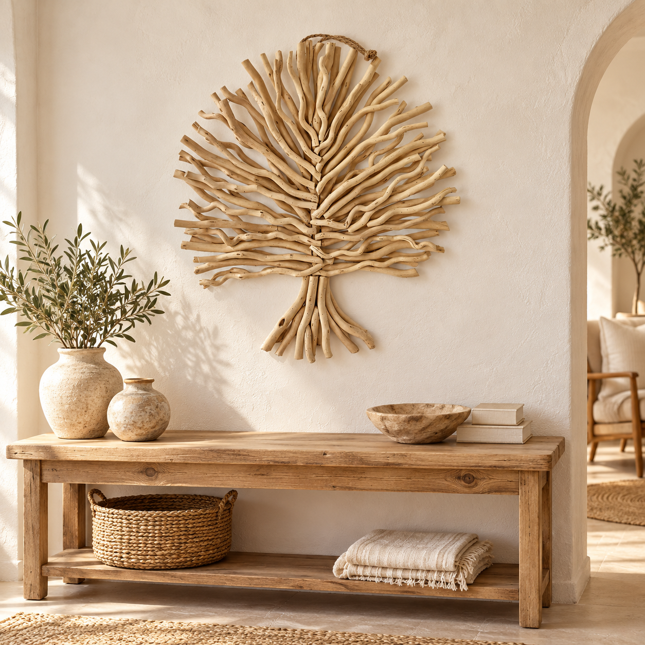 Mulberry wood tree wall decoration, item 33108, in a Mediterranean interior