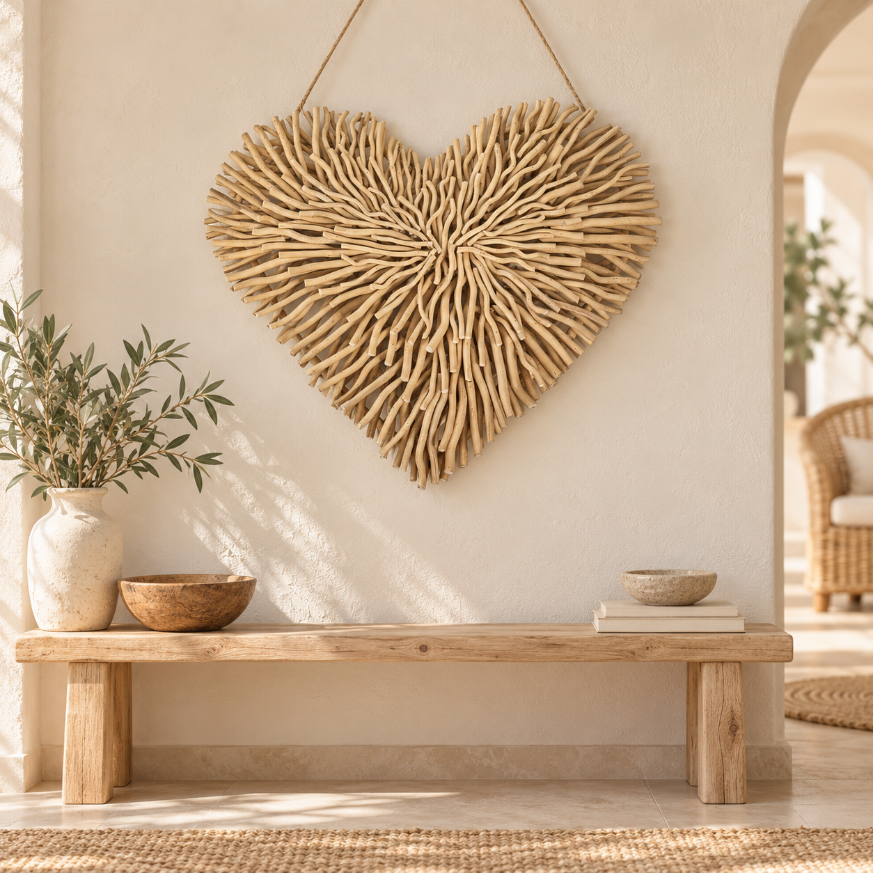 Mulberry wood heart wall decoration, item 36207, in a Mediterranean interior