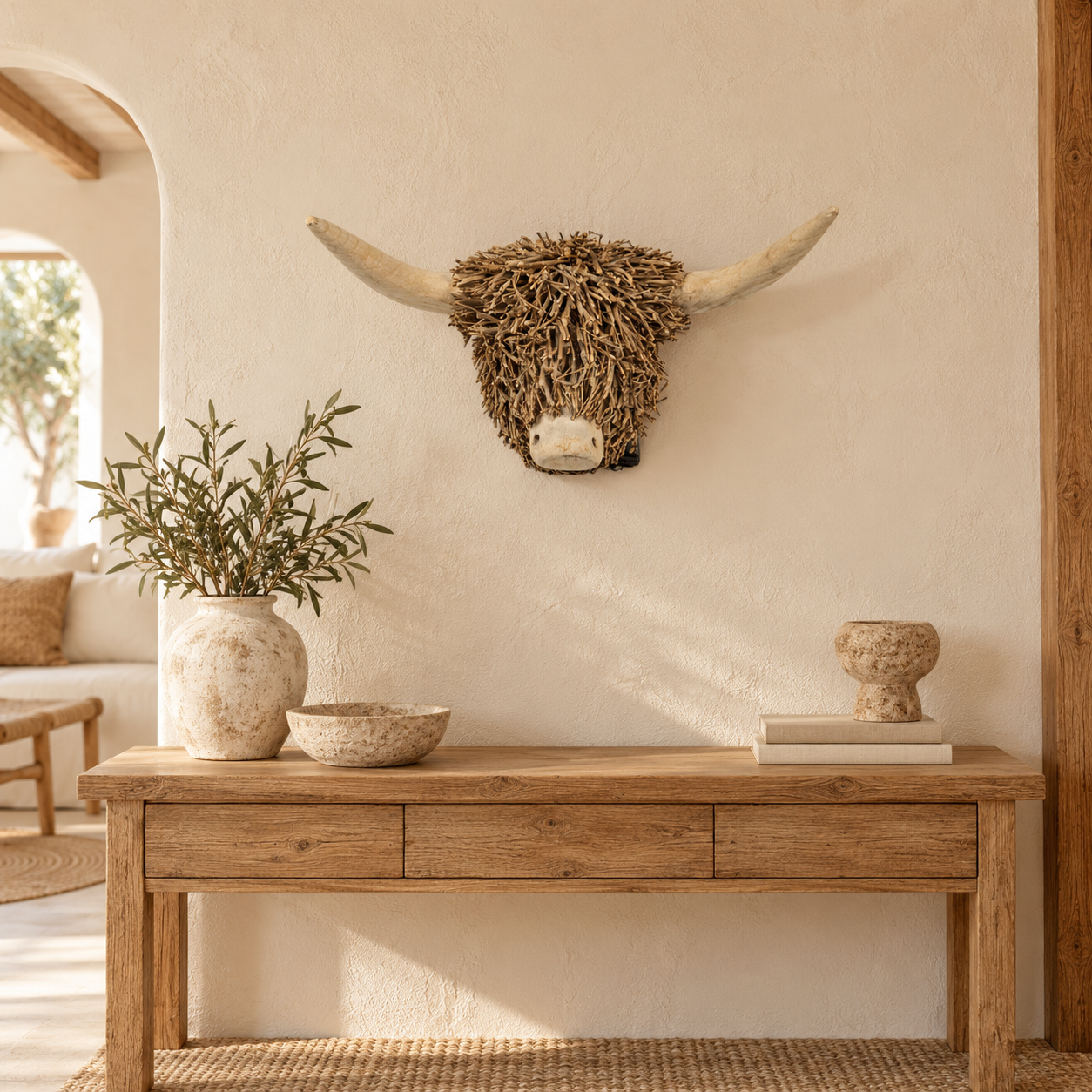 Wooden bull head wall decoration, 45 × 26 × 36 cm, item 39565, in a Mediterranean interior